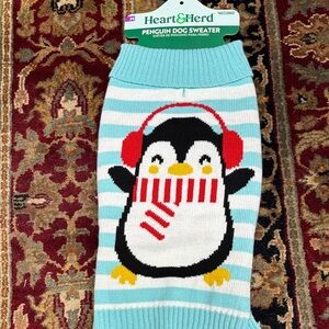 Heart & Hand Penguin Dog Sweater with Red and Blue Accents - NWT. (Medium)